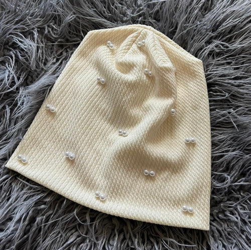 TCS Soft White Pearled Fine Cable Ribbed Beanie