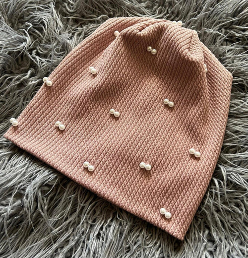 TCS Blush Pink Pearl Fine Cable Ribbed Beanie