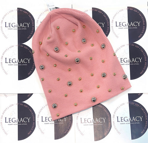 TCS Light Pink Bejeweled Waffle Cotton Beanie