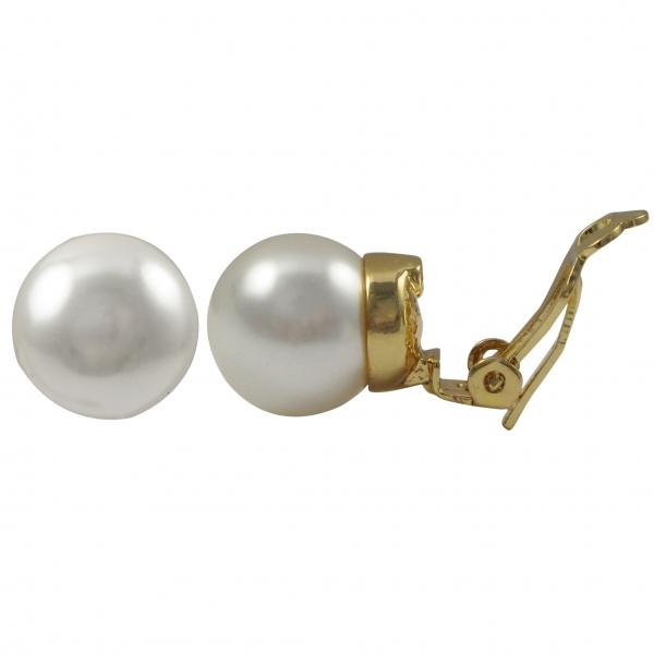 DLF White 12mm Glass Pearl On Gold Plated Stud Clip On Gold/White Earrings