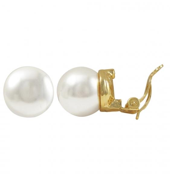 DLF White 14mm Glass Pearl On Gold Plated Stud Clip On Gold/Pearl Earrings