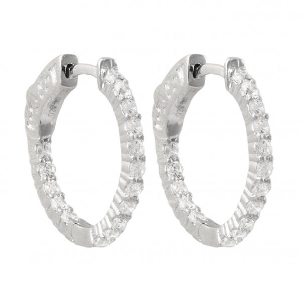 DLF Rhodium Plated Sterling Silver 20x20mm Hoop Silver/White Earrings With Hinge Closure
