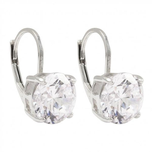 DLF Rhodium Plated Sterling Silver, 8mm Round CZ, Lever Back Silver/White Earrings