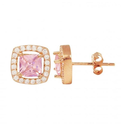 DLF Pink Center With White Border, Gold Plated Sterling Silver Square Post Pink/Gold Earrings