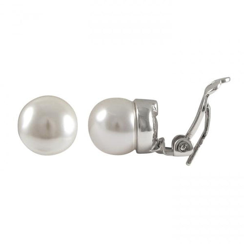 DLF White 10mm Glass Pearl On Rhodium Plated Stud Clip On Silver/White Earrings
