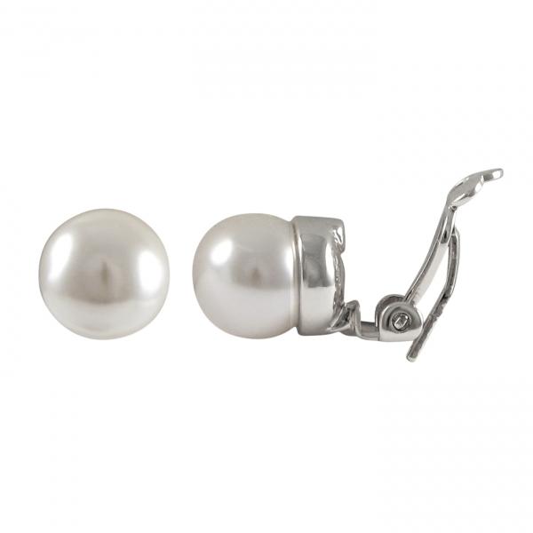 DLF White 10mm Glass Pearl On Rhodium Plated Stud Clip On Silver/White Earrings