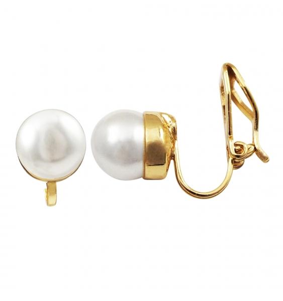 DLF White 8mm Shell Pearl On Gold Plated Stud Clip On Gold/White Earrings