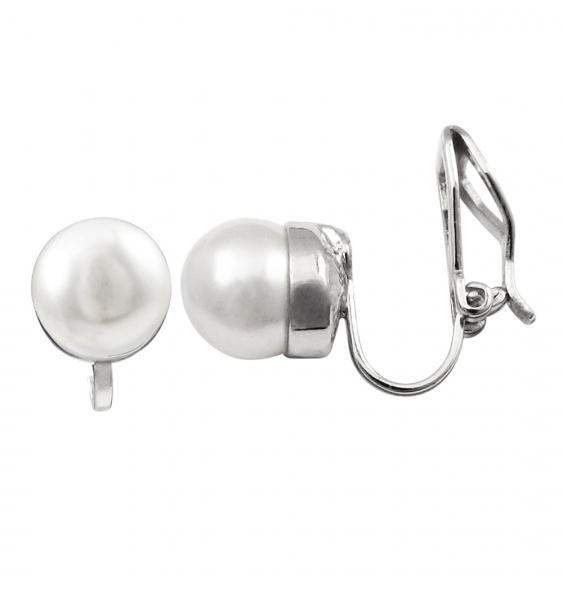 DLF White 8mm Shell Pearl On Rhodium Plated Stud Clip On Silver/White Earrings