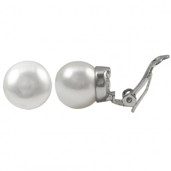 DLF White 12mm Glass Pearl On Rhodium Plated Stud Clip On Silver/White Earrings